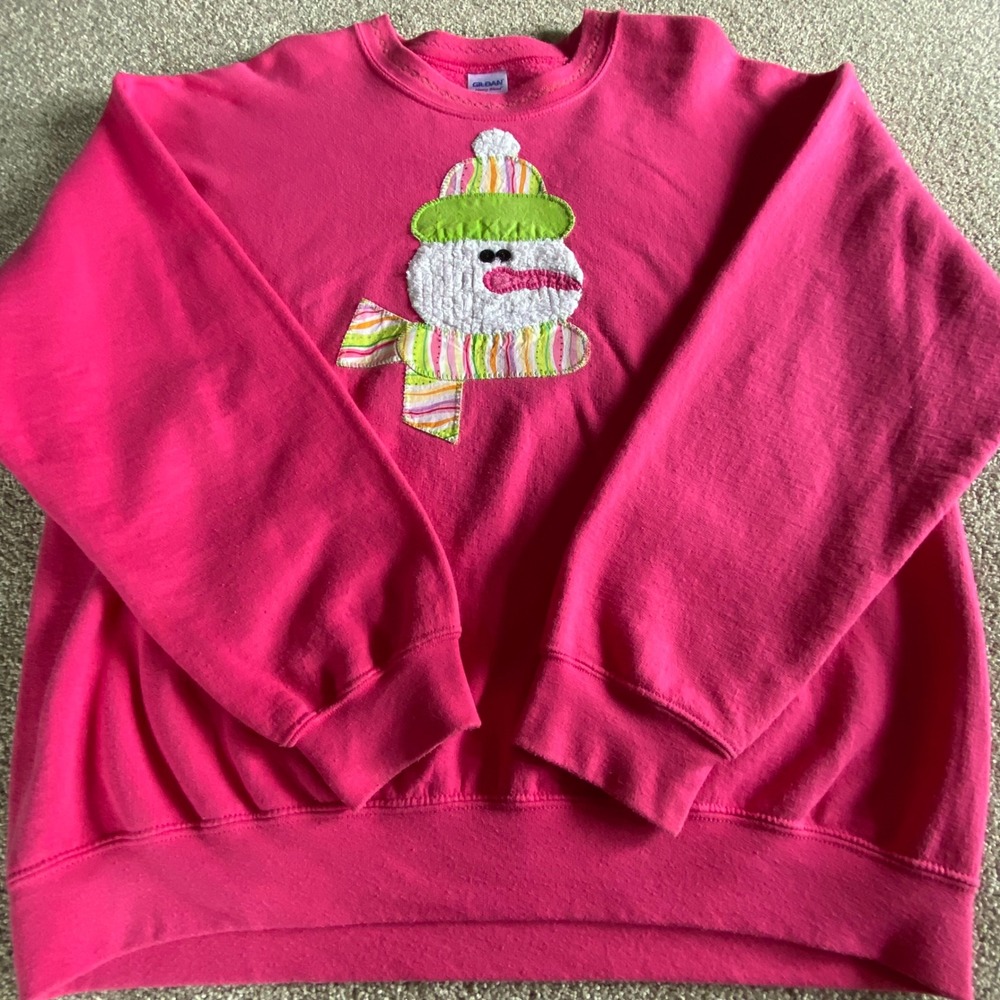 Vintage Gildan Blend Pink Snowman Applique‎ Holiday Sweatshirt Womens Large